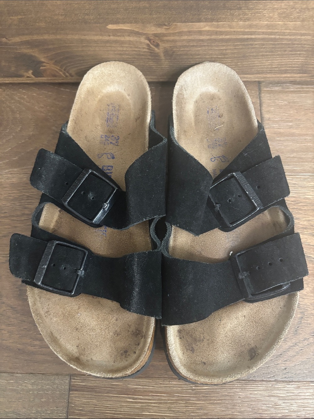 Birkenstock Black Suede Two-Strap Buckle Sandals